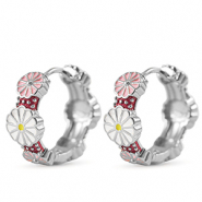 Metallo TQ in ottone orecchini a cerchio smalto fiore argento-bianco rosa
