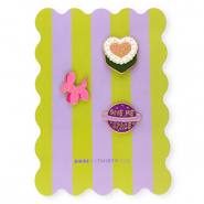 BY31&reg; Pins "Sushi"&nbsp;/&nbsp;cane a palloncino&nbsp;/&nbsp;"Give me space" su un cartoncino verde-viola-rosa-bianco-giallo