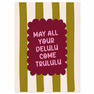 BY31&reg; Espositori bigiotteria in cartoncino "May all your delulu come trululu" verde oliva-biancastro-rosso bordeaux-rosa