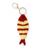 Portachiavi pesce all'uncinetto oro-rosso bordeaux-beige