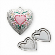 Ciondoli in acciaio inossidabile medaglione con smalto cuore con fiori argento-rosa-verde