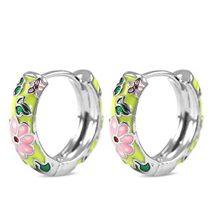 Metallo TQ in ottone orecchini a cerchio smalto fiore argento-rosa giallo