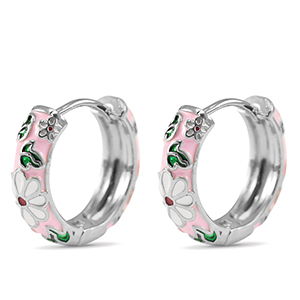Metallo TQ in ottone orecchini a cerchio smalto fiore argento-rosa bianco