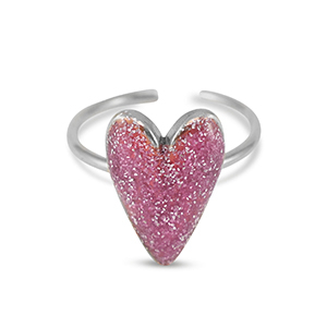 anelli in acciaio inossidabile smalto cuore glitterato rosa vermiglio-argento