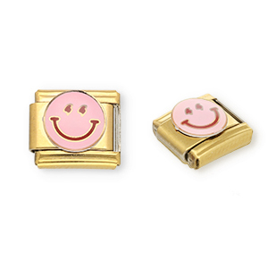 Link-tessera per bracciale italiano con ciondoli in acciaio inossidabile smiley oro-rosa chiaro-viola