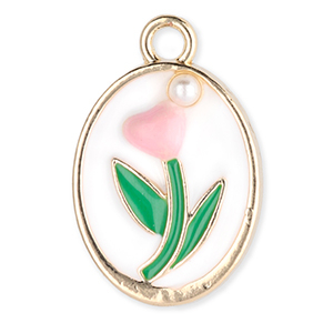 Ciondoli di metallo ovale con tulipano con perla oro-bianco-verde-rosa chiaro