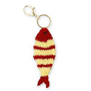 Portachiavi pesce all'uncinetto oro-rosso bordeaux-beige
