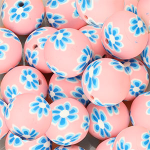 Perline di silicone 18mm tonda con fiori dipinti a mano rosa-blu scuro-bianco